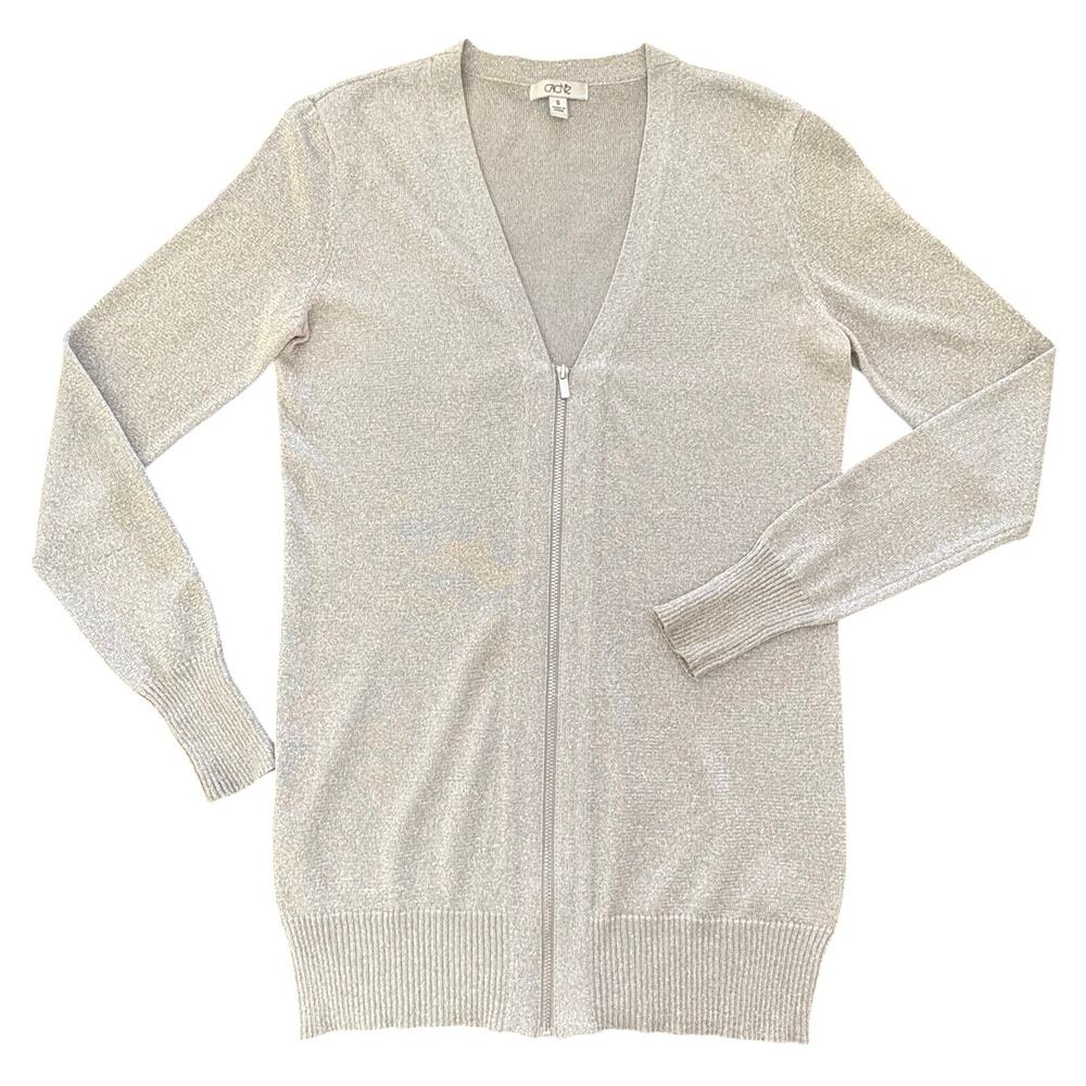 Cache’ Womens Silver Metallic Zip-Front Cardigan Small Glam Mob Wife Event Wear